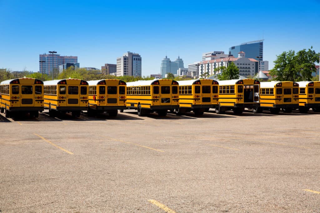 image of Texas school buses parked near the Houston Medical Center